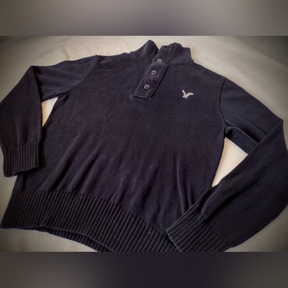 EUC AE Classic Fit Navy Heavyweight Zip Neck Sweater w/ Collar, Men's Large - Picture 5 of 7